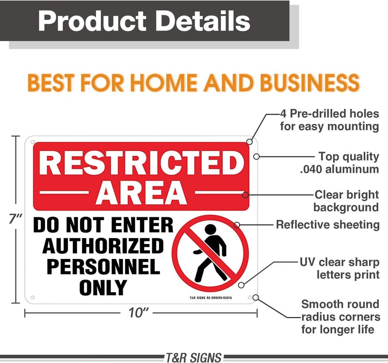 TR Restricted Area Do Not Enter Authorized Personnel Only Sign - 4 Pack - 10 x 7 Inches Rust Free .040 Aluminum - UV Protected, Waterproof, Weatherproof and Fade Resistant - 4 Pre-drilled Holes - Image 2